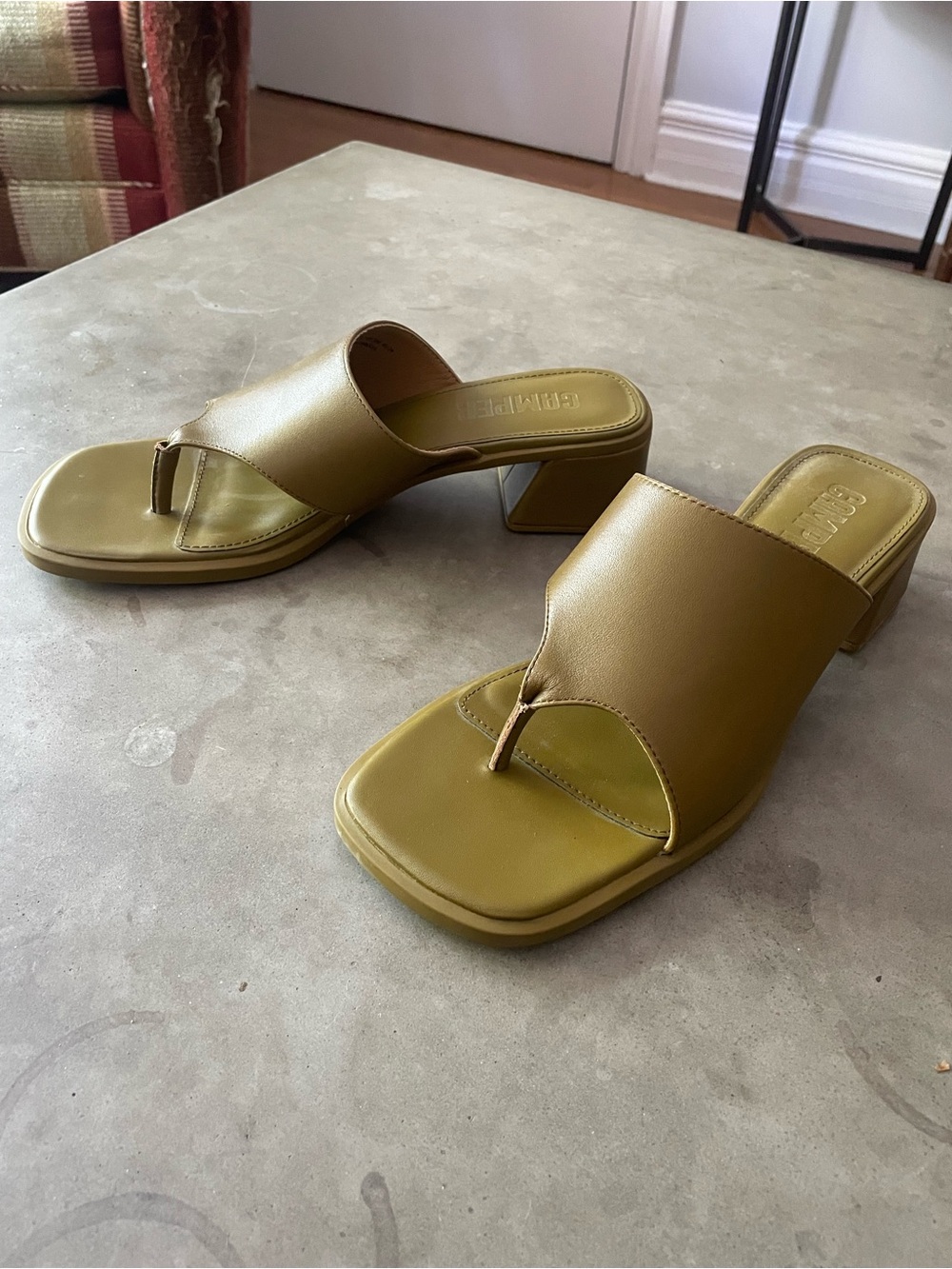 Brand New Camper Leather Block Heel Thong Sandals - Olive